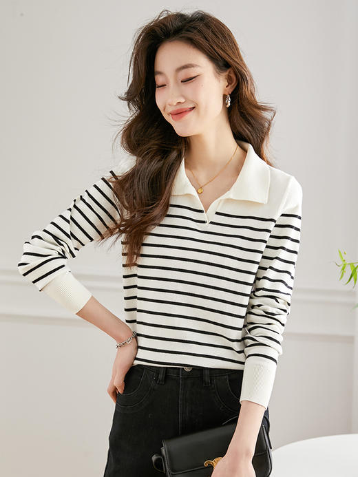 【1件82折】熙世界条纹长袖针织衫女2025年早秋新款宽松慵懒海魂风POLO打底衫 商品图2