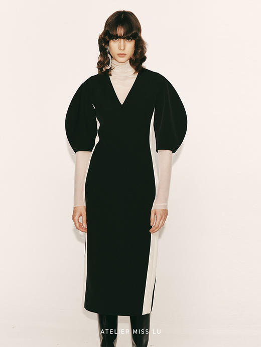 【黑松露】撞色拼接设计弧形袖收腰连衣裙23000060 商品图3