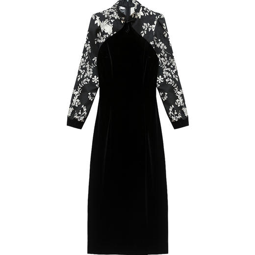 时尚复古，包臀裙秋季长袖裙黑色拼花裙中长款一步裙旗袍连衣裙QYM-YX-MQ26168-Y 商品图4