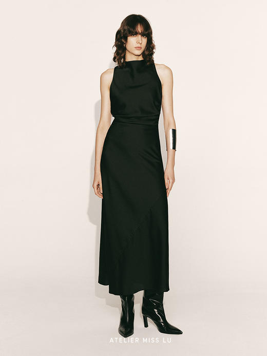 【月下信使】交叉露背褶皱设计收腰长裙230000017A 商品图0