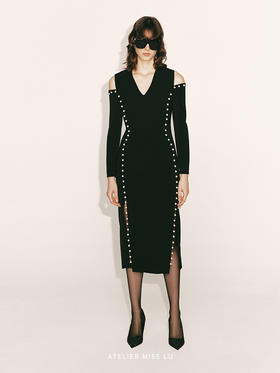 【直至星辰】长排手工订珠修身露肩连衣裙23000053A