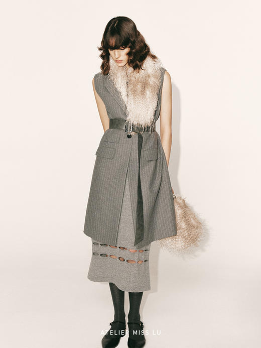 【烟雨】绵羊毛条纹宽肩中长款直身马甲230000028B 商品图2