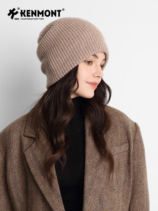 卡蒙山羊绒双层加厚护额毛线帽女纯色百搭大头围后托针织帽月子帽KM-9505 商品图4