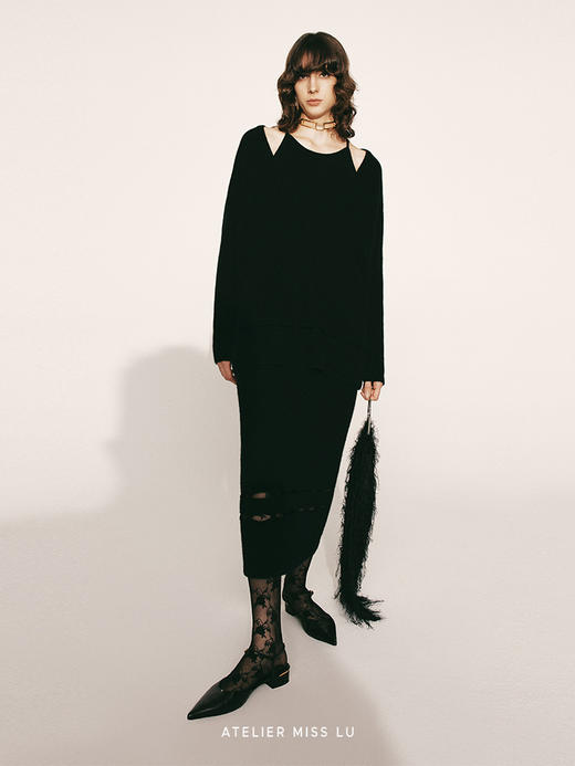 【夜下捕梦】下摆镂空设计羊绒吊带连衣裙230000025A 商品图0