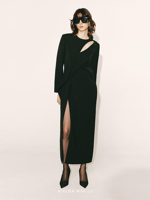 【海夜】几何镂空设计高开衩直身长裙230000013A 商品图2