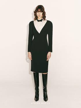 【少女祈祷】蝴蝶结领拼纱长袖修身连衣裙23000058