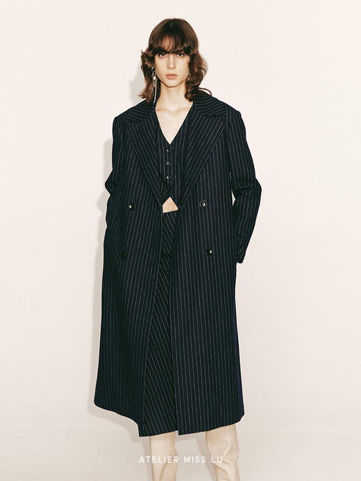 【深海月夜】绵羊毛条纹宽肩廓形长款西装外套230000029A 商品图2