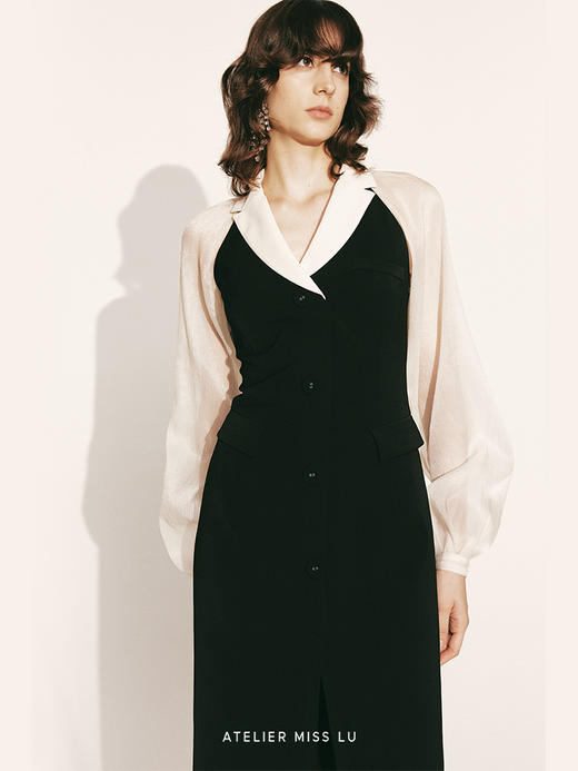 【轮回】撞色翻领削肩露背马甲收腰纱袖长裙230000022 商品图3