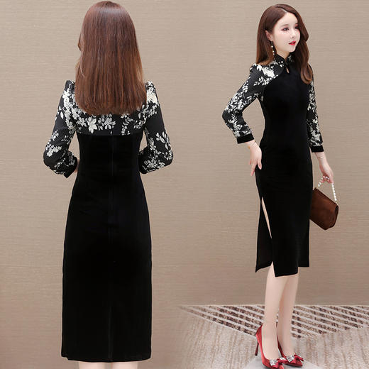 时尚复古，包臀裙秋季长袖裙黑色拼花裙中长款一步裙旗袍连衣裙QYM-YX-MQ26168-Y 商品图2