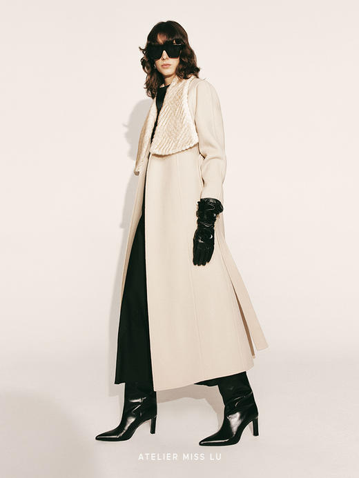 【霜后茶园】短绒压纹环保皮草翻领可收腰绵羊毛大衣230000032 商品图2