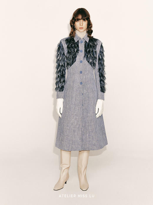 【细沙海岸】羽翼流苏拼接垫肩收腰A字长款外套230000026B 商品图0