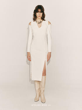 【繁星纵变】长排手工订珠修身露肩连衣裙23000053B