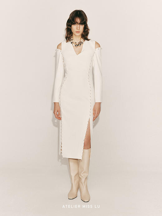 【繁星纵变】长排手工订珠修身露肩连衣裙23000053B 商品图0