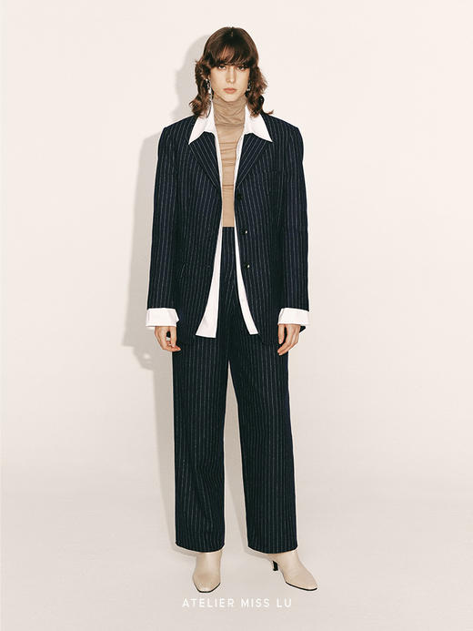 【深海微光】绵羊毛条纹宽筒西裤2300042A 商品图0