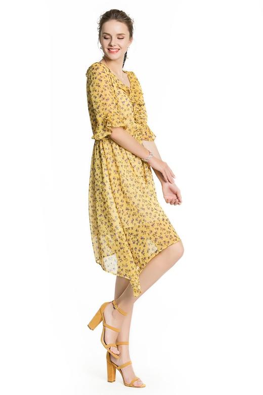 ibudu伊布都 印花荷叶边雪纺连衣裙 3495 商品图1