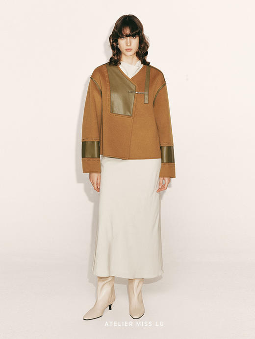 【撒哈拉日光】环保皮质几何撞色拼接绵羊毛短外套230058A 商品图0