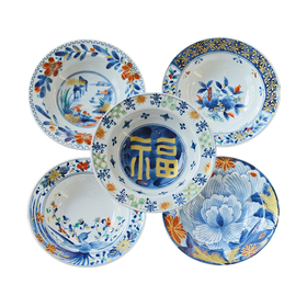 日本进口美浓烧和蓝陶瓷古伊万里花浪漫5入盘家用炒菜盘子斗笠形深盘乔迁礼物