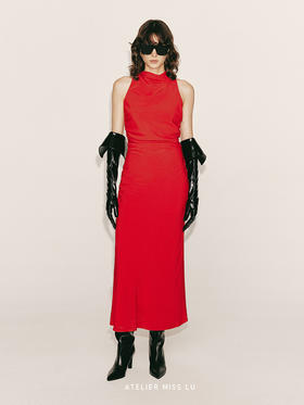 【蔷薇庭院】交叉露背褶皱设计收腰长裙230000017B