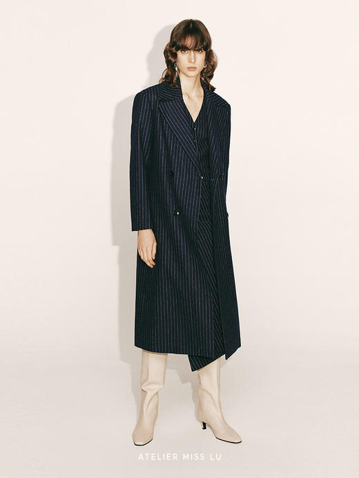 【深海月夜】绵羊毛条纹宽肩廓形长款西装外套230000029A 商品图1