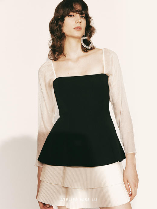 【卡利卡】撞色百褶裙摆拼接纱袖收腰连衣裙23000050 商品图2