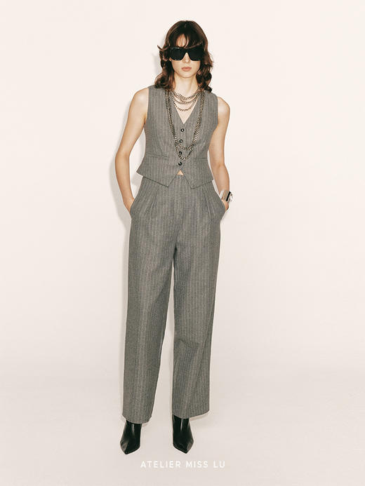 【踏雾】绵羊毛条纹宽筒西裤2300042B 商品图0