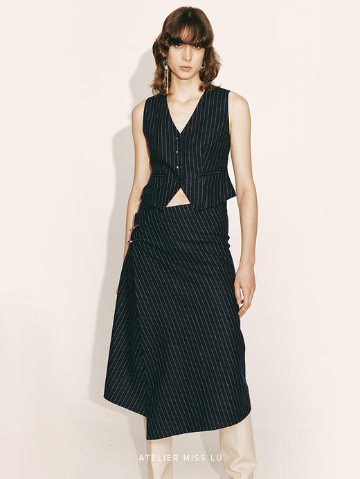 【深海奇缘】不规则下摆绵羊毛条纹西装裹身裙2300037A 商品图2