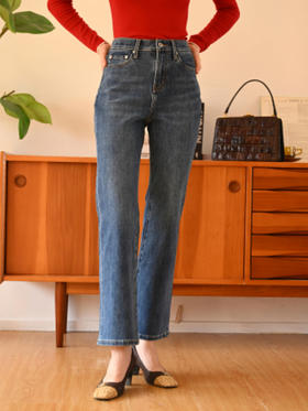 SimpleRetro莱卡双芯天然棉微喇直筒牛仔裤2023秋新款高腰裤子女