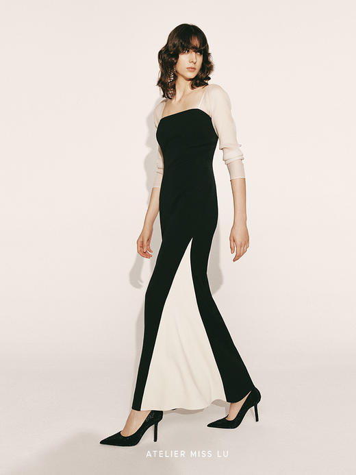 【路易夫人】V形撞色拼接鱼尾纱袖连衣裙230000014 商品图2