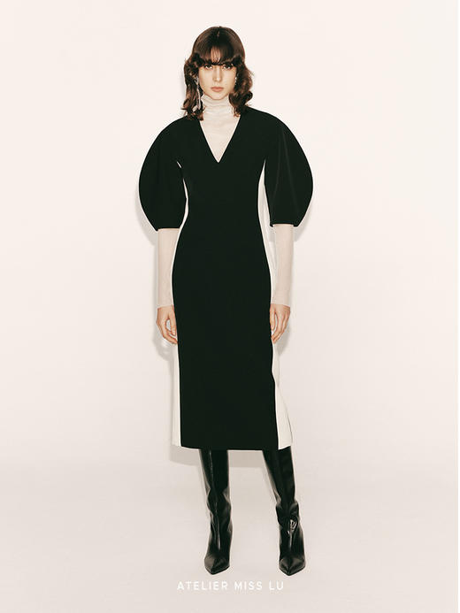 【黑松露】撞色拼接设计弧形袖收腰连衣裙23000060 商品图0