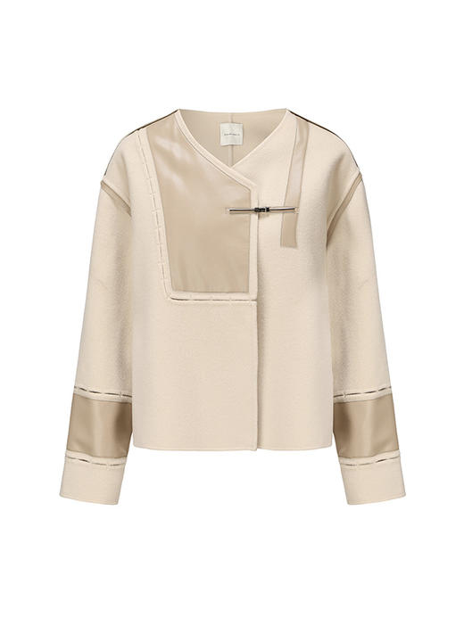 【苏格兰奶油】环保皮质几何撞色拼接绵羊毛短外套230058B 商品图4