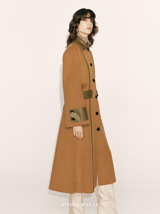 【唐顿庄园】环保皮质拼接收腰A字绵羊毛大衣230000034A 商品图3