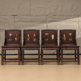 清 红木嵌云石背屏椅成堂（一堂四只）