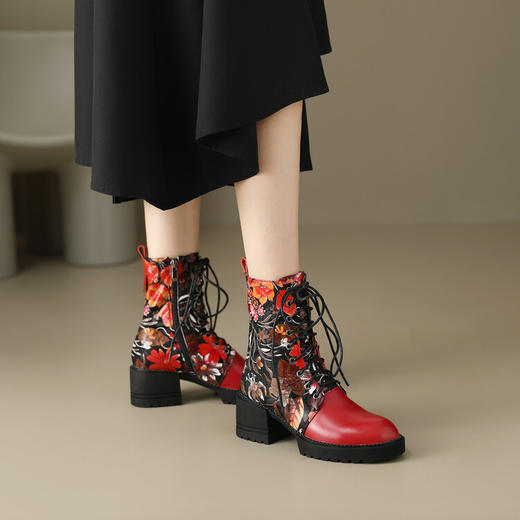 民族风印花皮鞋，粗跟拼色马丁靴JJ-D8002 商品图0