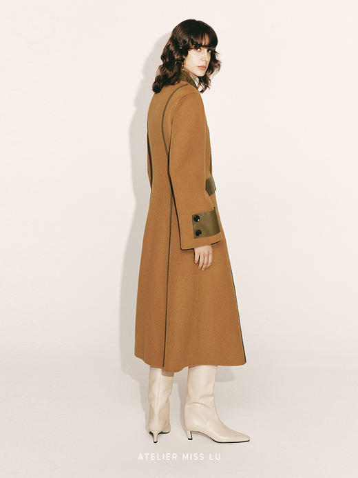 【唐顿庄园】环保皮质拼接收腰A字绵羊毛大衣230000034A 商品图1