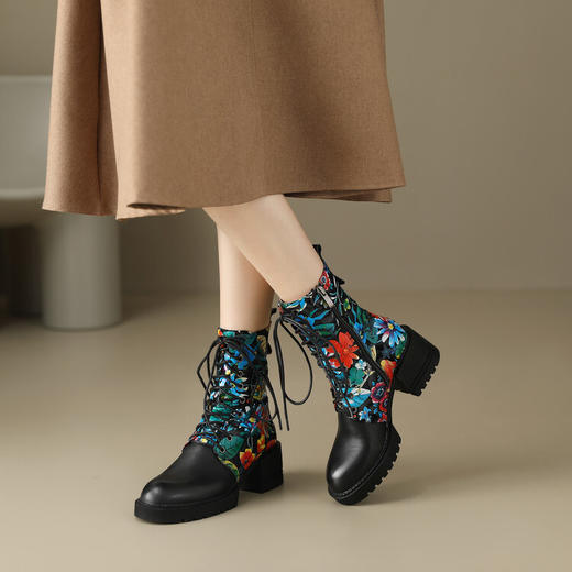 民族风印花皮鞋，粗跟拼色马丁靴JJ-D8002 商品图4