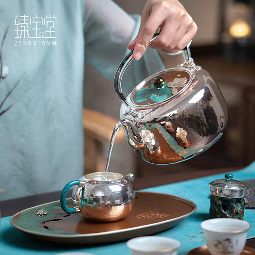 臻宝堂 银壶纯手工雕刻莲花煮茶壶9999纯银烧水壶高端中式家用泡茶具 芙蓉 商品图1