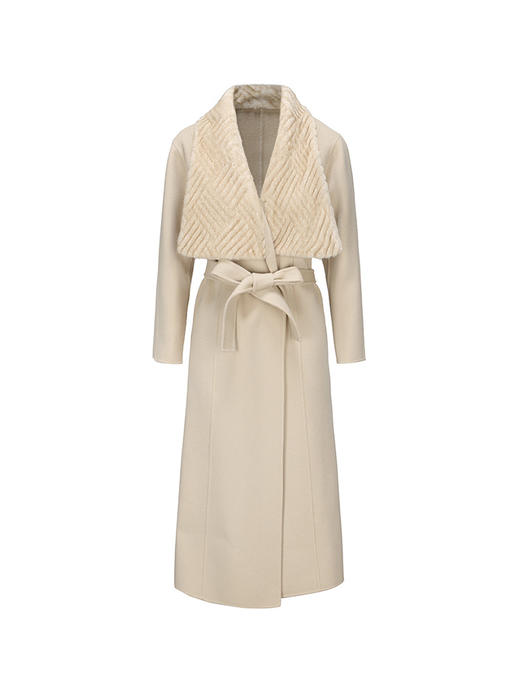 【霜后茶园】短绒压纹环保皮草翻领可收腰绵羊毛大衣230000032 商品图4