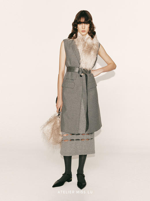 【烟雨】绵羊毛条纹宽肩中长款直身马甲230000028B 商品图1