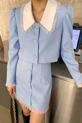 Stay2Weeks 蓝色翻领拼色外套半裙套装 13827