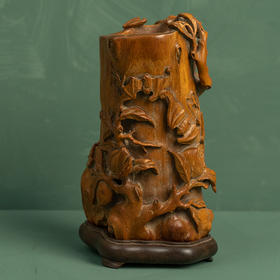 清 黄花梨雕福寿纹随形笔筒（红木座）