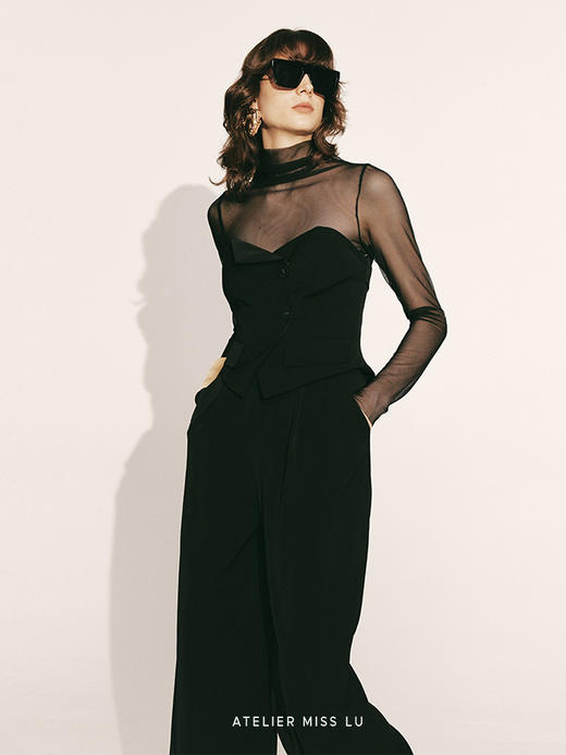 【夜琉璃】透肤弹力网纱高领上衣230037A 商品图2