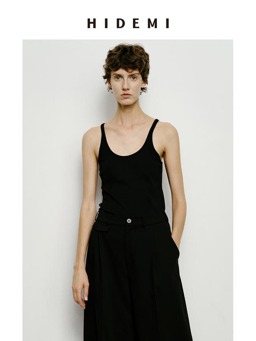 HIDEMI 极简大圆领弹力针织自然棉细肩带背心 商品图6