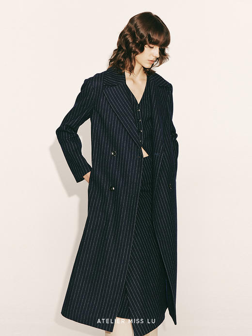 【深海月夜】绵羊毛条纹宽肩廓形长款西装外套230000029A 商品图3