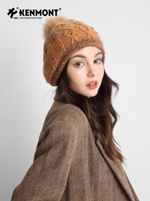 卡蒙狐狸毛球手工编织羊毛毛线帽护额女运动护耳保暖针织帽 商品图1