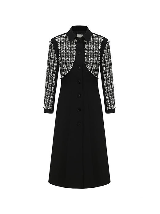 【夜色巴黎】粗花呢拼接垫肩收腰A字长款外套230000026A 商品图4