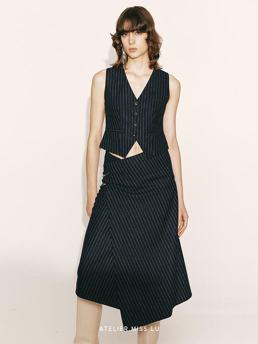 【深海奇缘】不规则下摆绵羊毛条纹西装裹身裙2300037A 商品图1