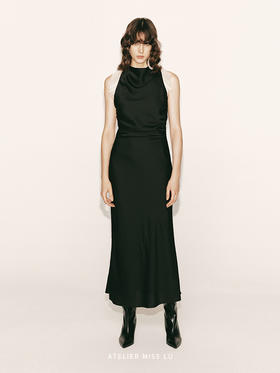 【破碎月光】交叉露背褶皱设计收腰拼纱长裙230000016