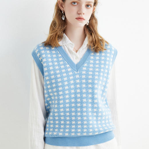 【100%羊毛V领羊毛衫】秋冬格子马甲 拼色宽松坎肩 羊绒毛衣针织背心 商品图2