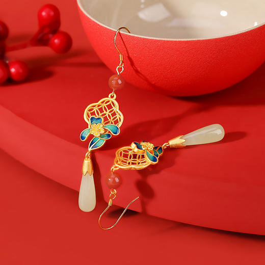 S925纯银镀金和田玉，国潮景泰蓝复古钱币四叶梅花长款耳坠CW-247 商品图2