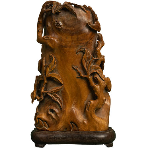 清 黄花梨雕福寿纹随形笔筒（红木座） 商品图5